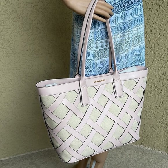 Michael Kors Sienna Large Tote Shoulder Bag Powder Blush Leather Canvas - Picture 14 of 16